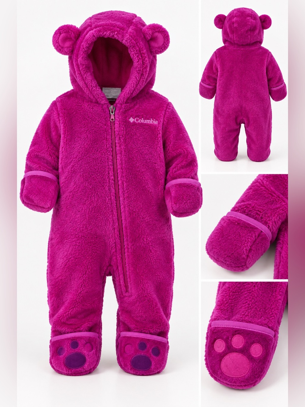 Columbia Foxy Baby II Bunting 6-12M Fuchsia Fleece Bear Hood Footed One Piece